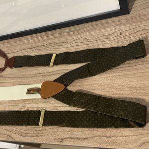 TRAFALGAR Leather Button Green Yellow Silk Y Suspenders Braces